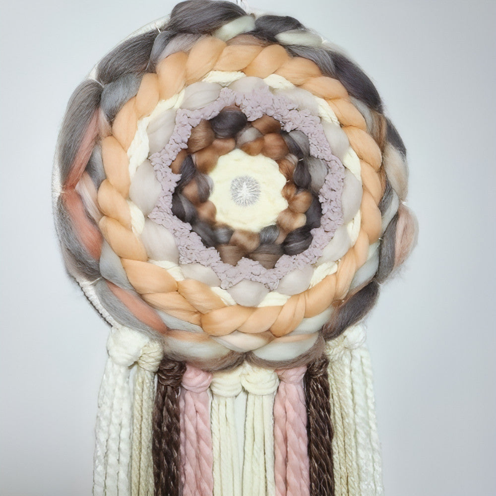 Round Wall Hanging | Cream Beige Peach | Tassels - BlueRhubarb