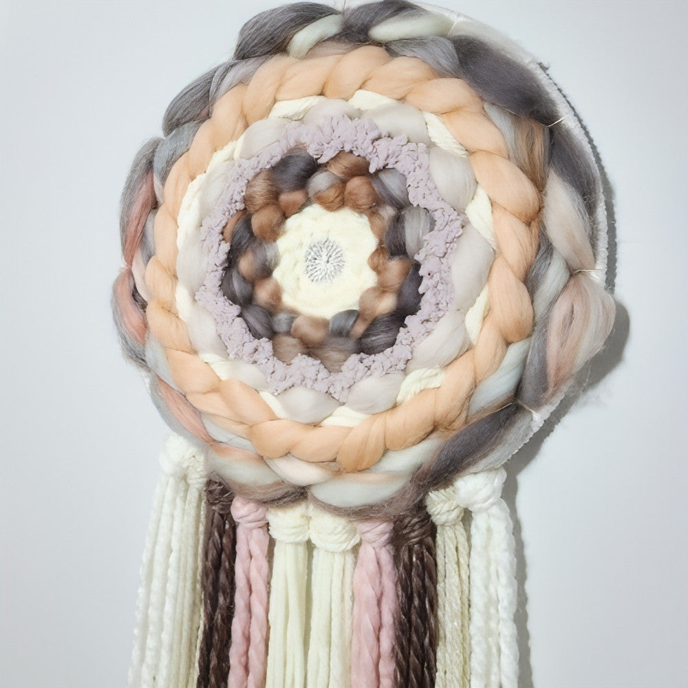 Round Wall Hanging | Cream Beige Peach | Tassels - BlueRhubarb