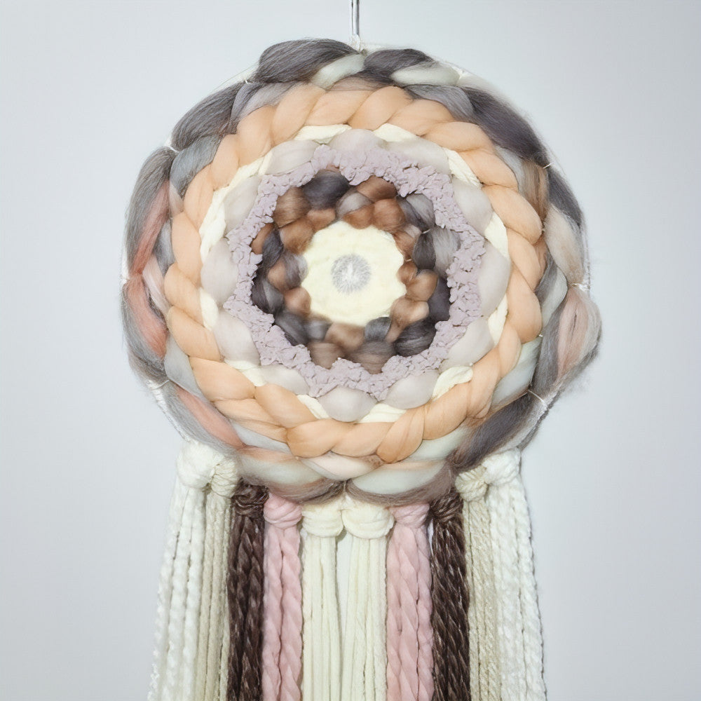 Round Wall Hanging | Cream Beige Peach | Tassels - BlueRhubarb