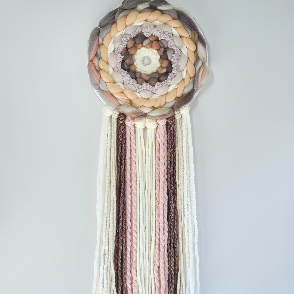 Round Wall Hanging | Cream Beige Peach | Tassels - BlueRhubarb