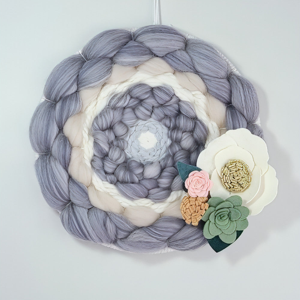 Round Woven Art | Felt Flowers | Beige Greys Cream | Wall Hanging - BlueRhubarb