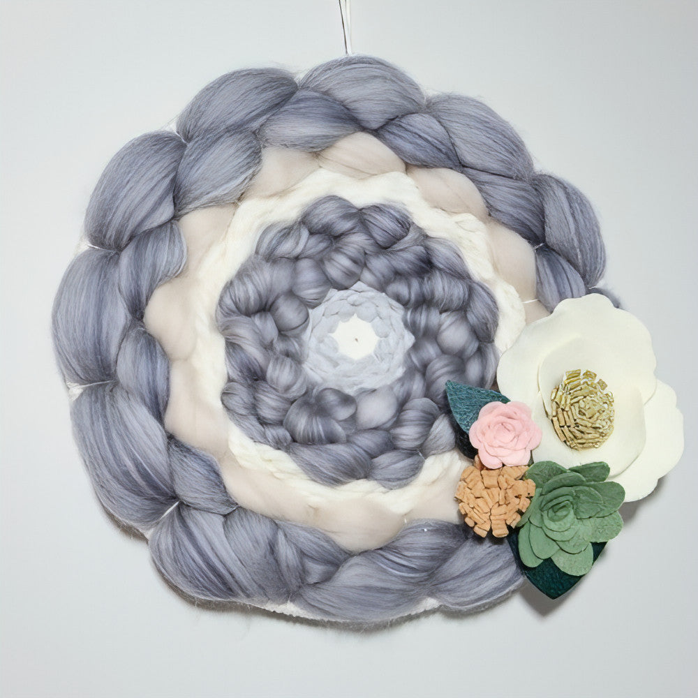 Round Woven Art | Felt Flowers | Beige Greys Cream | Wall Hanging - BlueRhubarb