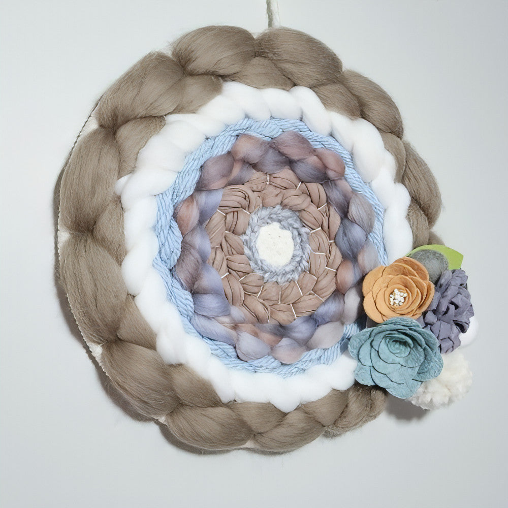 Round Woven Art | Felt Flowers | Beige Greys White | Wall Hanging - BlueRhubarb