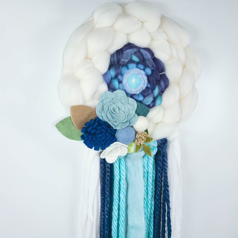 Round Woven Art | Felt Flowers | Blues White | Wall Hanging - BlueRhubarb