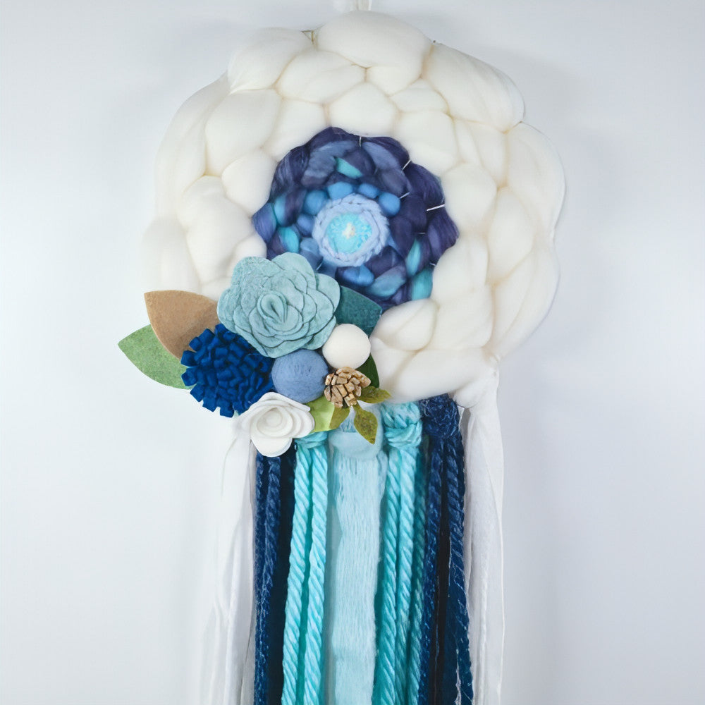 Round Woven Art | Felt Flowers | Blues White | Wall Hanging - BlueRhubarb