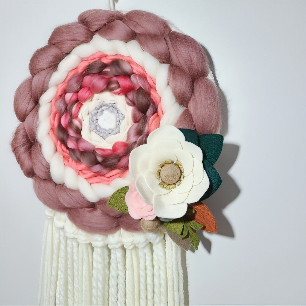 Round Woven Art | Felt Flowers | Peach Coral Cream | Wall Hanging - BlueRhubarb