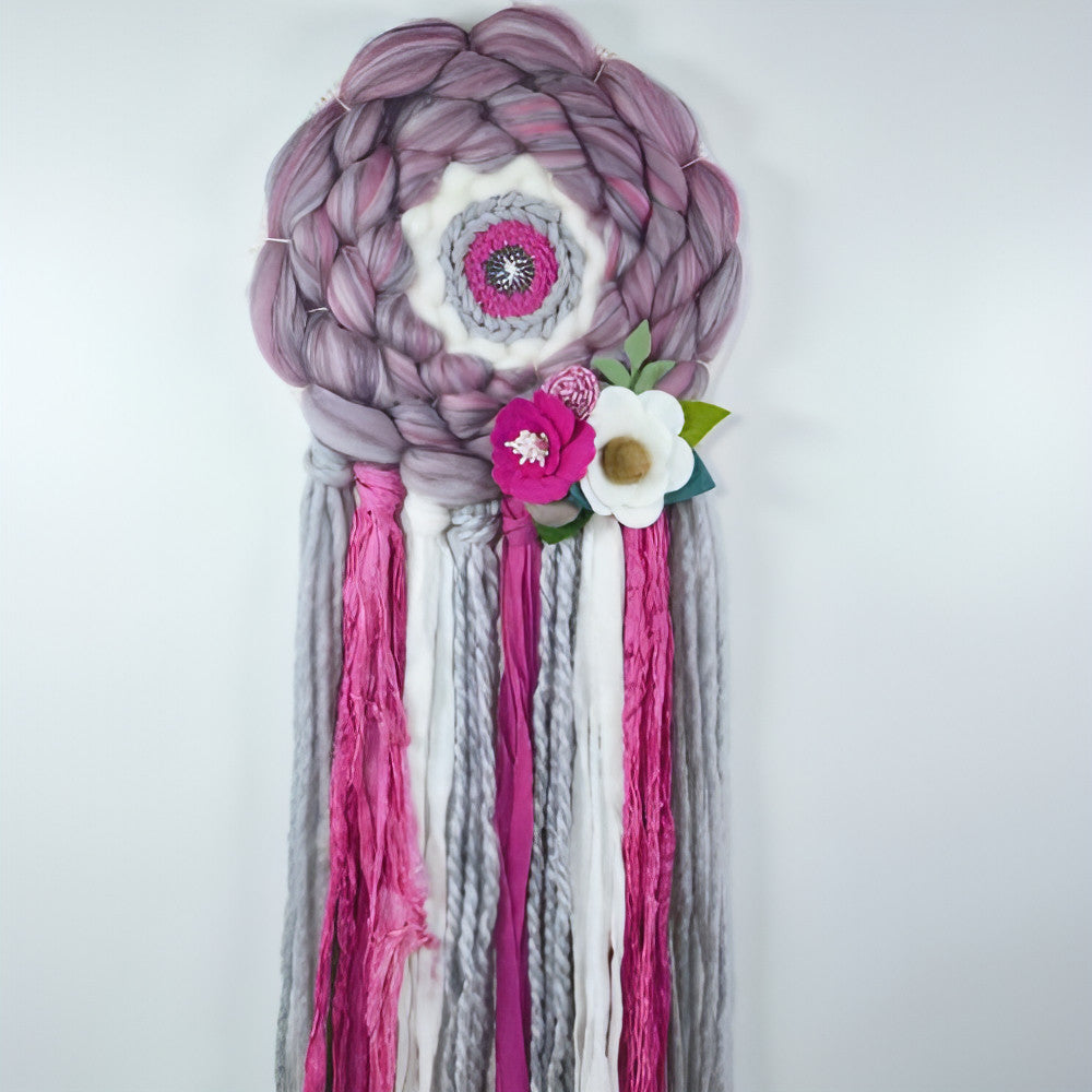 Round Woven Art | Felt Flowers | Pinks Greys White | Wall Hanging - BlueRhubarb