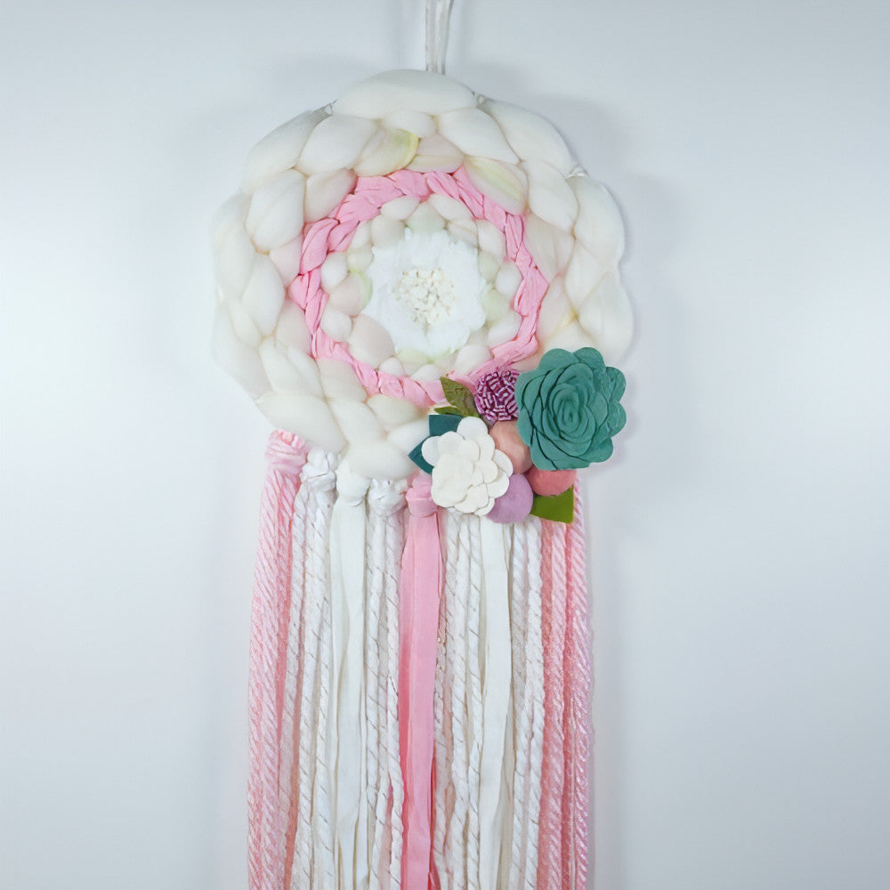 Round Woven Art | Felt Flowers | Pinks White | Wall Hanging - BlueRhubarb