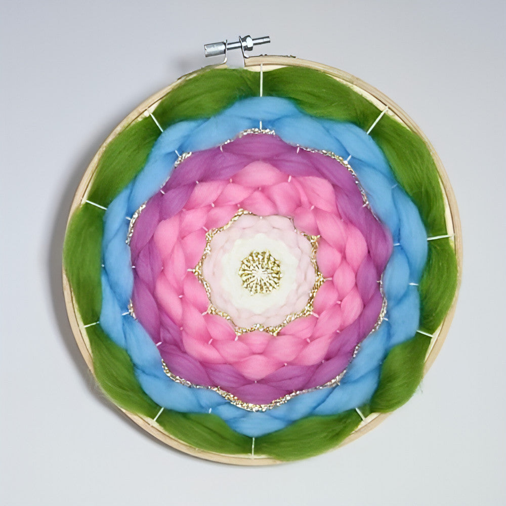 Round Woven Wall Art 8" Rainbow Green Blue Purple Pink White Gold - BlueRhubarb