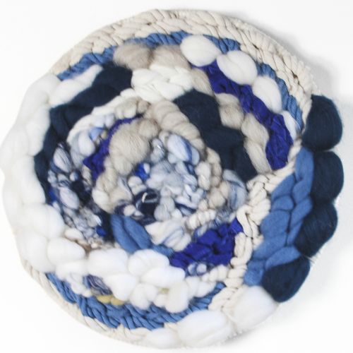 Woven Wall Hanging | Round Circle Weave | Fiber Art Yarn | Blues Grey White - BlueRhubarb