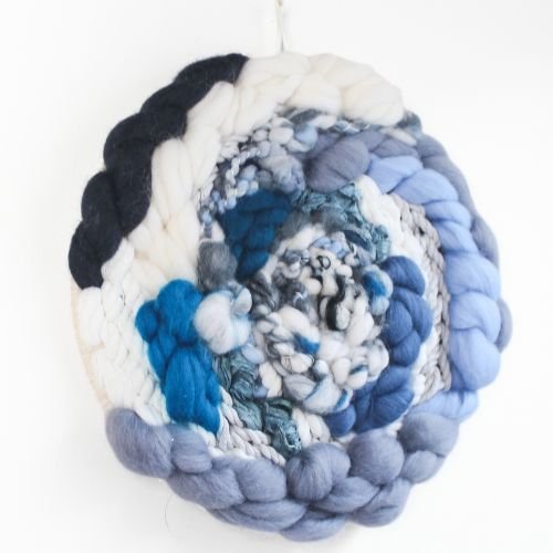 Woven Wall Hanging | Round Circle Weave | Fiber Art Yarn | Blues Greys White - BlueRhubarb