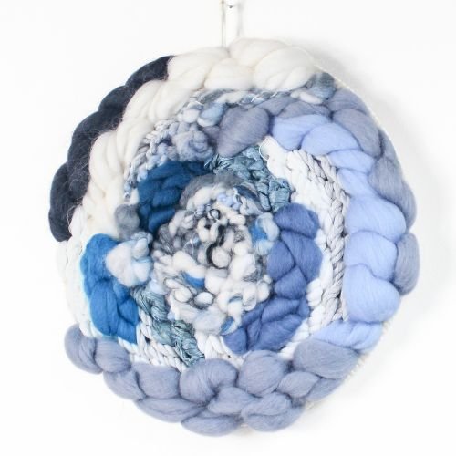 Woven Wall Hanging | Round Circle Weave | Fiber Art Yarn | Blues Greys White - BlueRhubarb