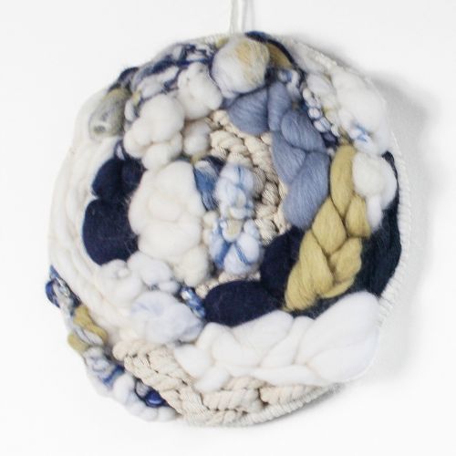 Woven Wall Hanging | Round Circle Weave | Fiber Art Yarn | Neutral Blue Tan Yellow - BlueRhubarb