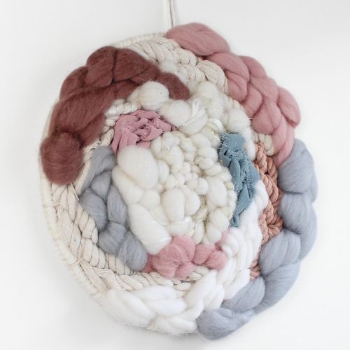 Woven Wall Hanging | Round Circle Weave | Fiber Art Yarn | Neutral Pinks Greys Gold - BlueRhubarb