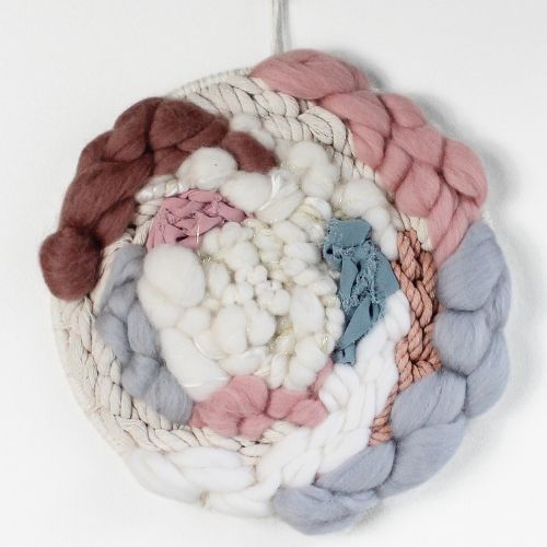 Woven Wall Hanging | Round Circle Weave | Fiber Art Yarn | Neutral Pinks Greys Gold - BlueRhubarb