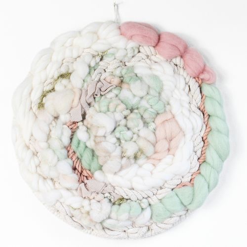Woven Wall Hanging | Round Circle Weave | Fiber Art Yarn | Peach Mint White - BlueRhubarb