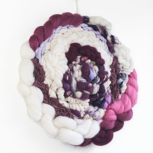 Woven Wall Hanging | Round Circle Weave | Fiber Art Yarn | Purples White Pink - BlueRhubarb