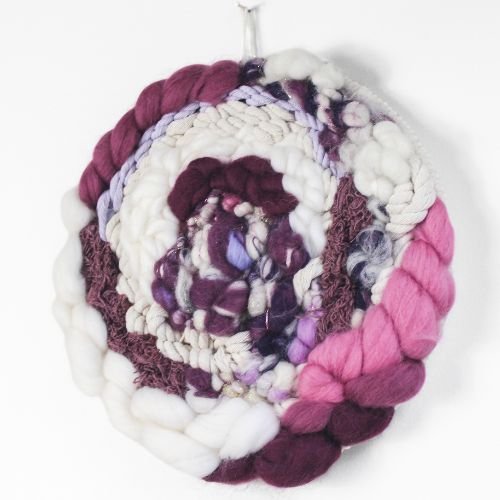 Woven Wall Hanging | Round Circle Weave | Fiber Art Yarn | Purples White Pink - BlueRhubarb