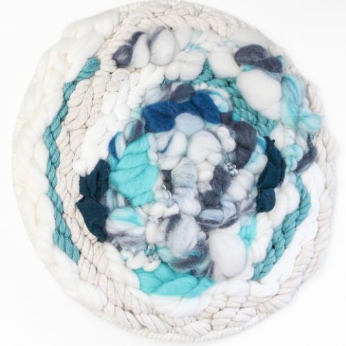 Woven Wall Hanging | Round Circle Weave | Fiber Art Yarn | Teals Grey White - BlueRhubarb