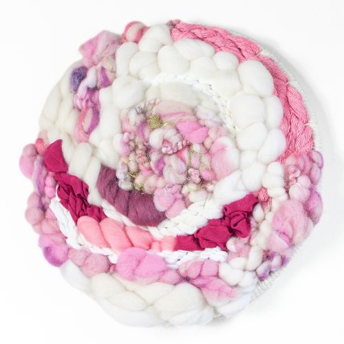 Woven Wall Hanging | Round Circle Weave | Fiber Art Yarn | White Pinks - BlueRhubarb
