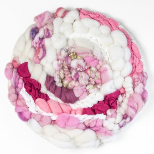 Woven Wall Hanging | Round Circle Weave | Fiber Art Yarn | White Pinks - BlueRhubarb